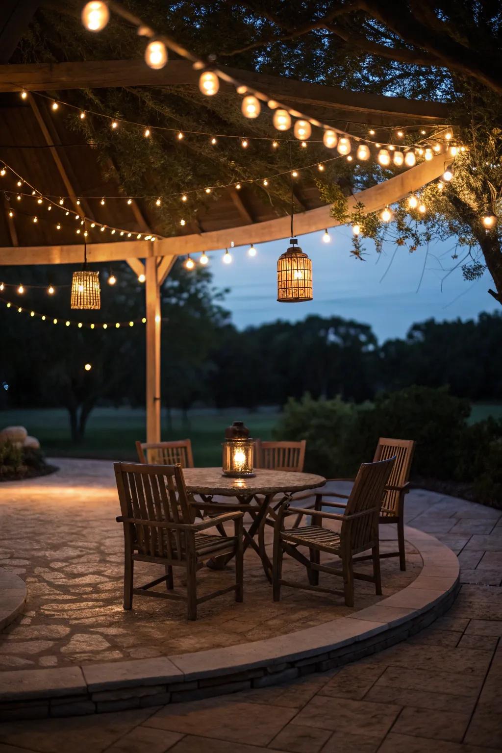 This patio is turned into an enchanting scene through layered lighting.