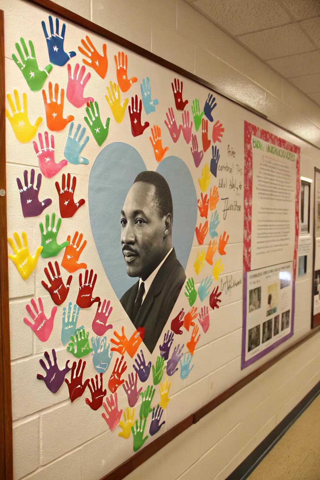 Handprints symbolizing unity encircle MLK's picture, showcasing diversity and togetherness.