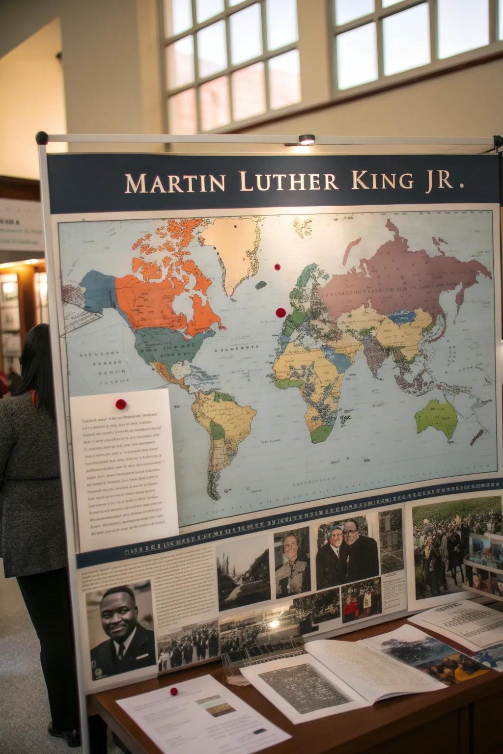 A world map showcases the global influence of MLK's message of peace.