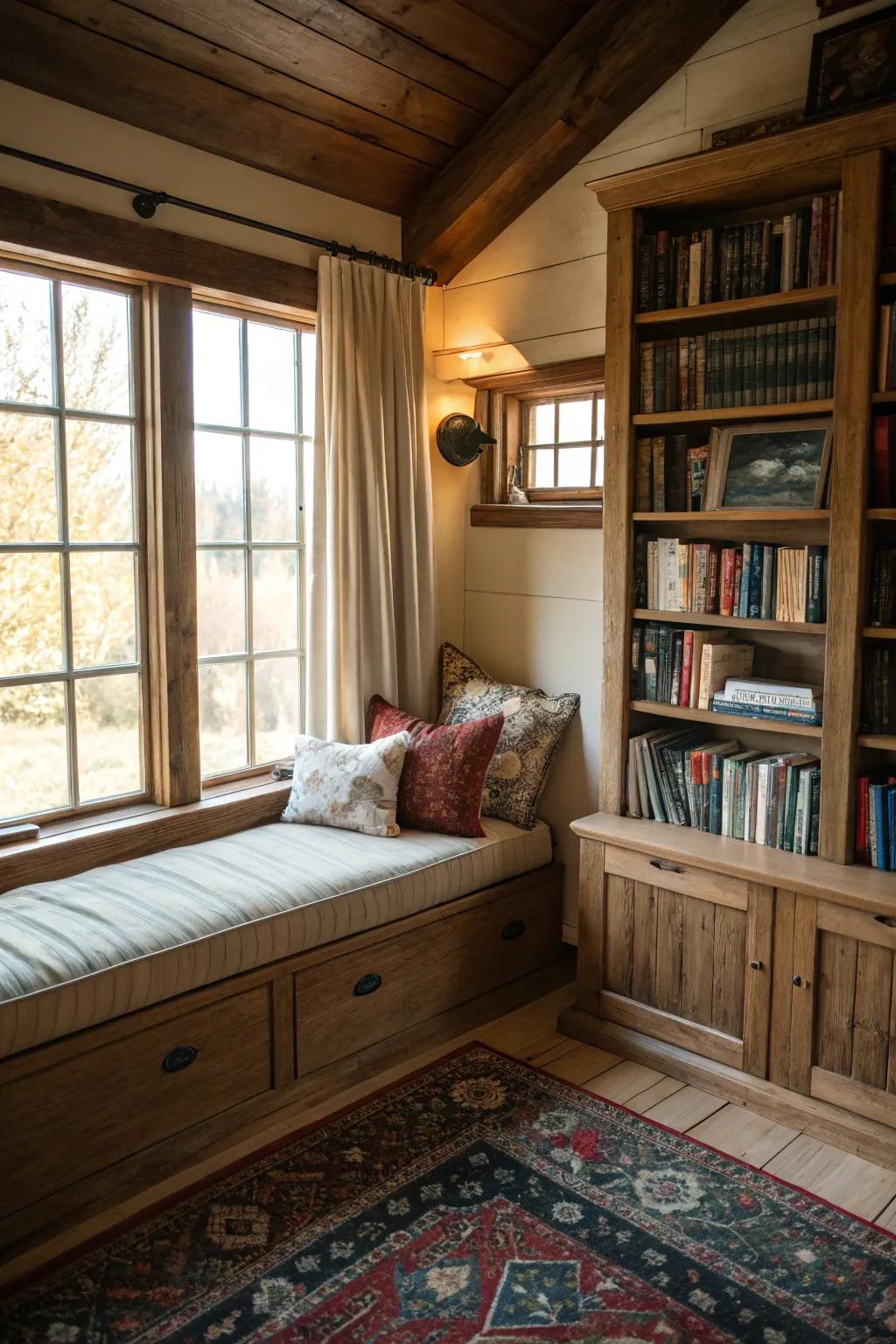 An inviting reading nook brings charm and coziness to your office.