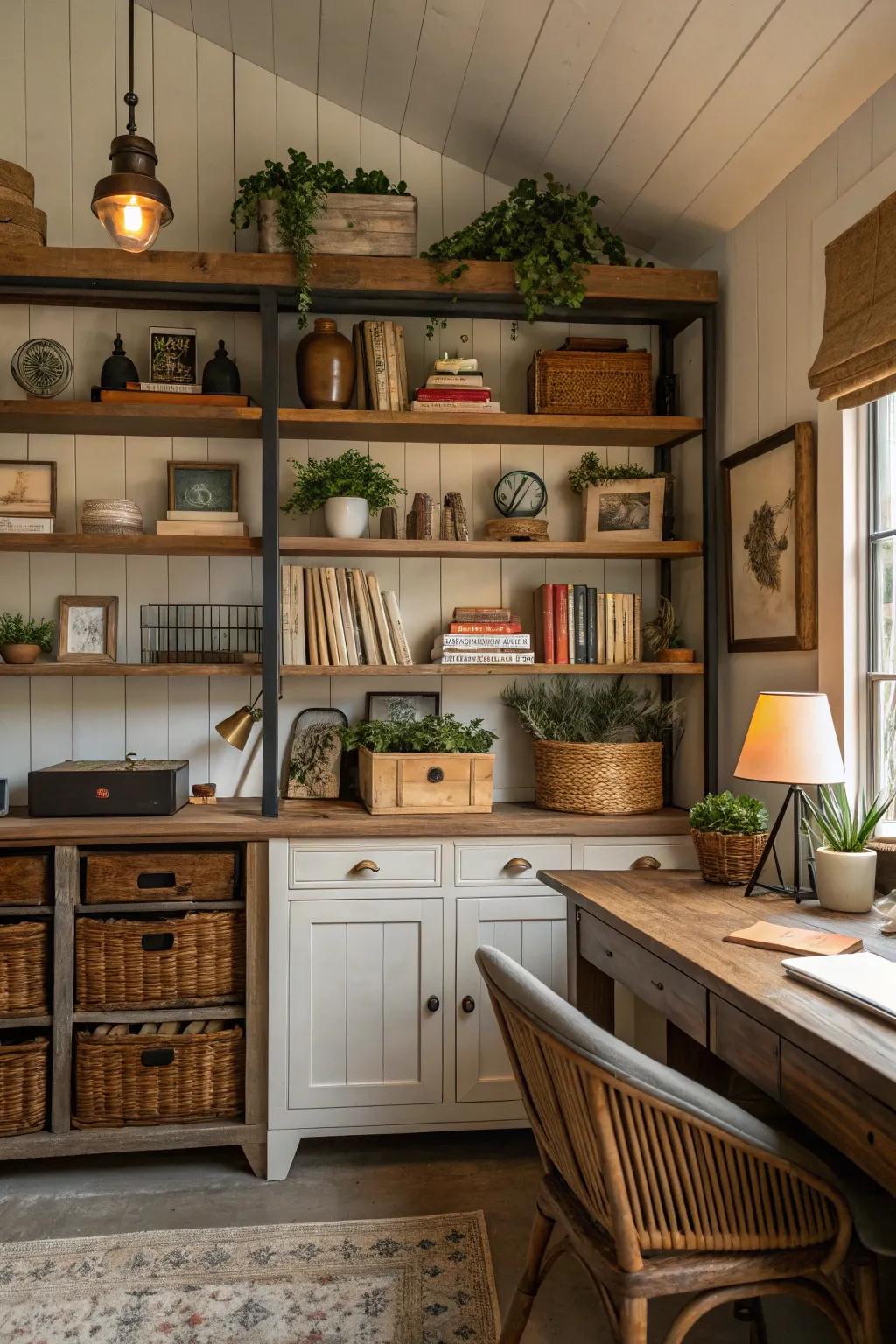 Visible shelving provides both decor and functionality.