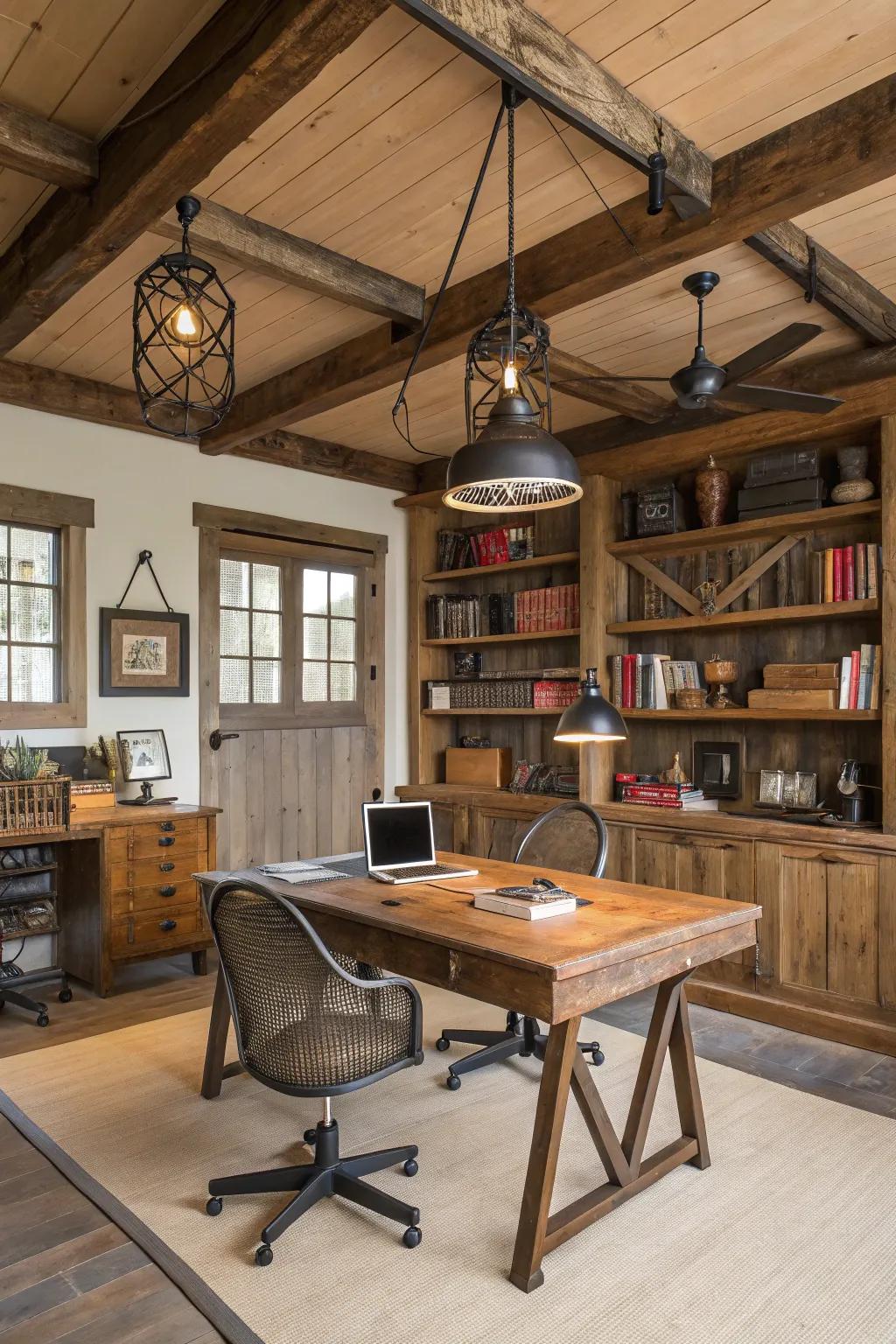 Industrial highlights introduce a modern edge to rustic decor.