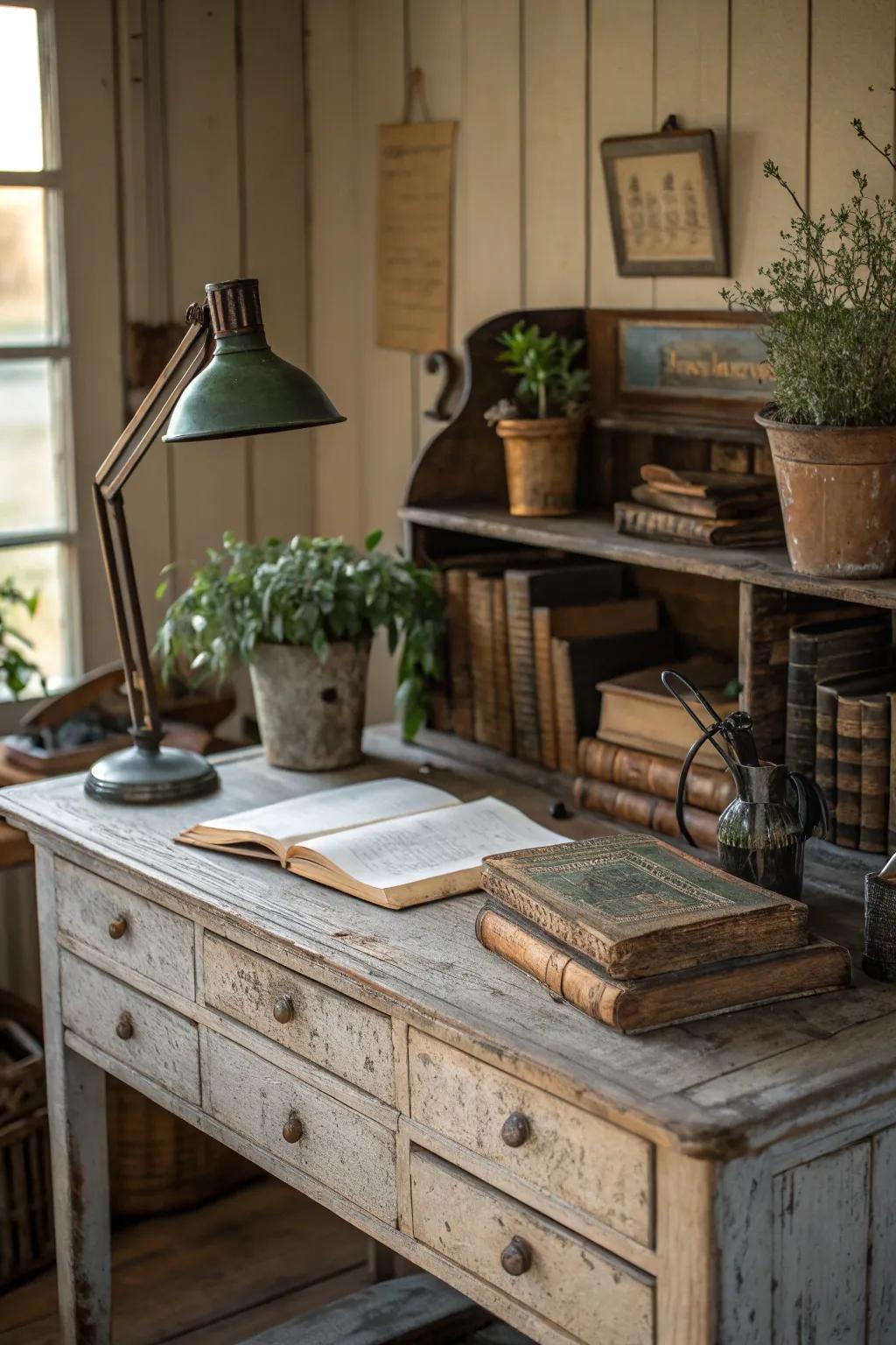 A distressed timber workstation infuses your office with a touch of timeless vintage.
