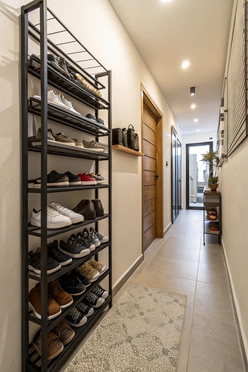 A footwear rack has the ability to maintain organization and eliminate clutter from your constricted hall.