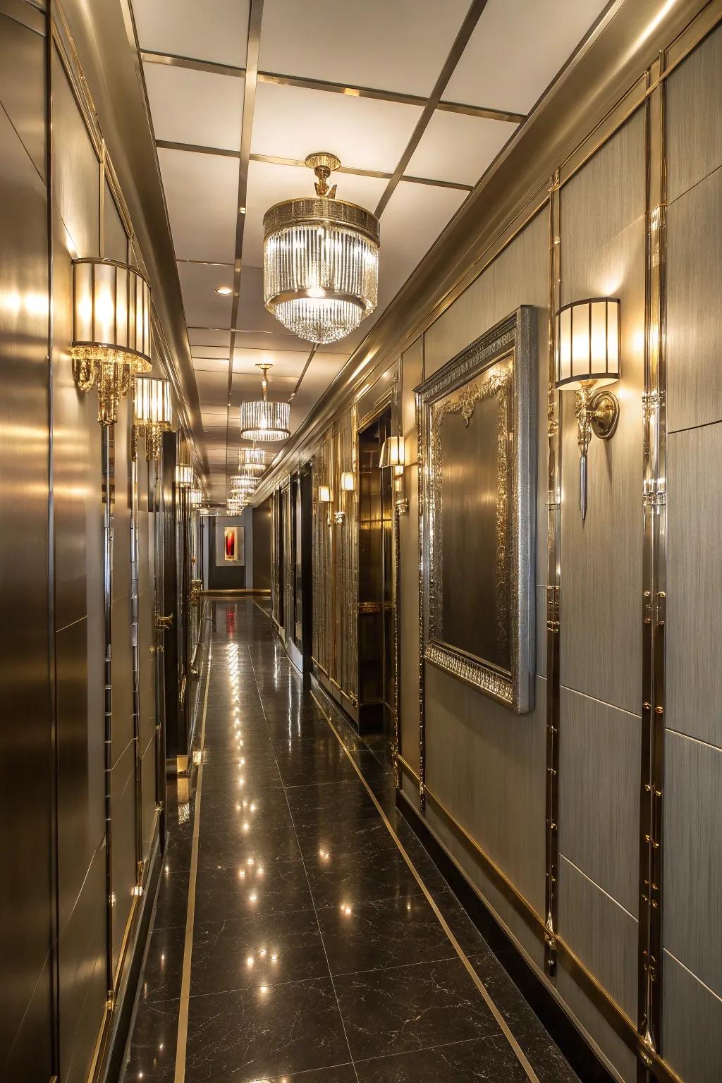 Metallic details have the ability to inject elegance and charm into your slender hall.
