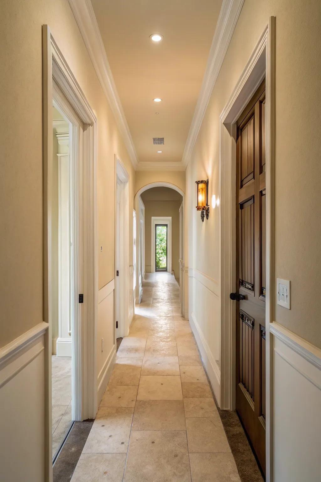 Light shades have the ability to enlarge your cramped corridor, leading to a more spacious impression.