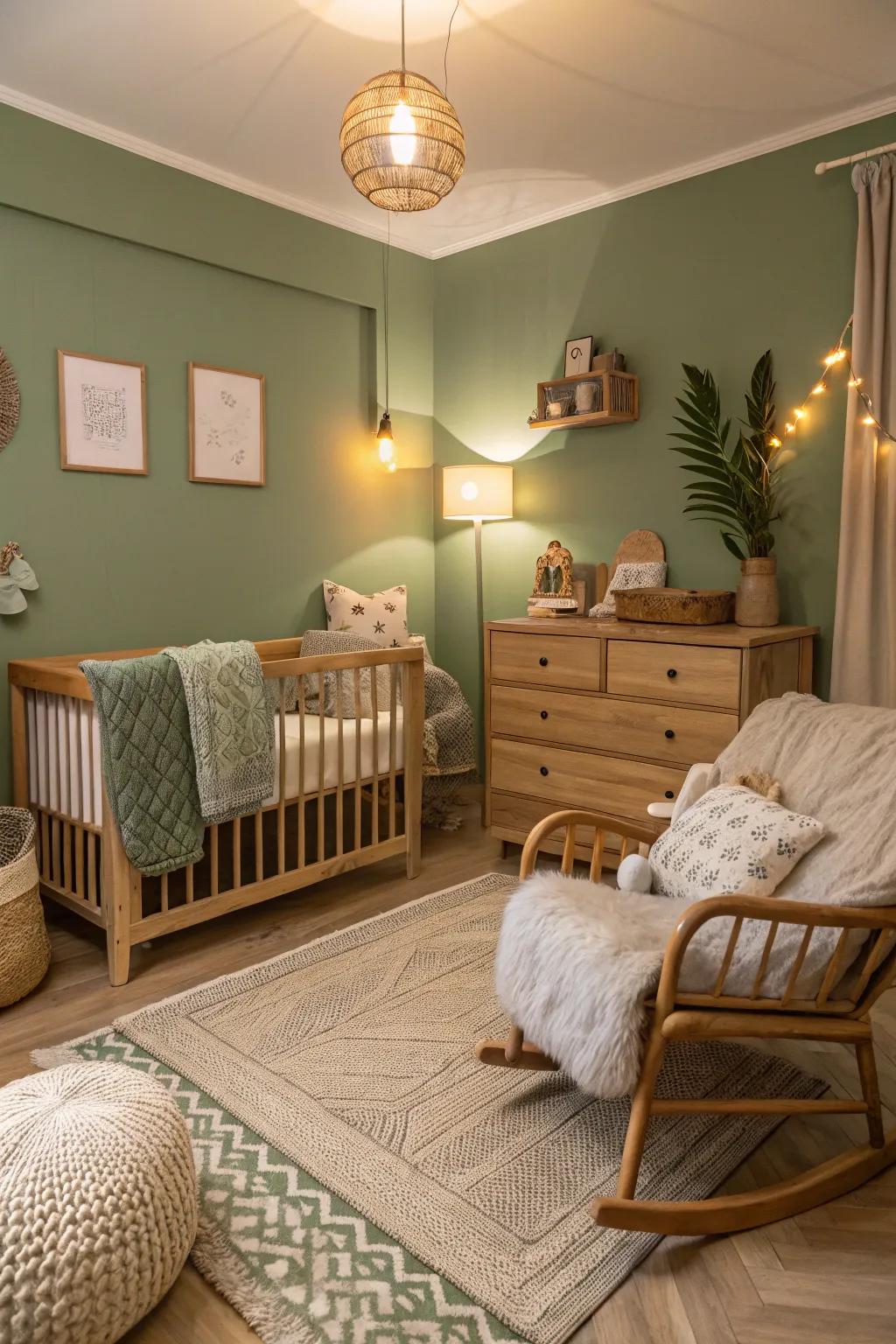A serene sage green nursery complemented by wooden details.