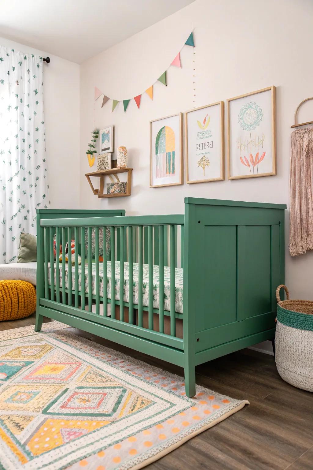 A statement cot in green creates a bold effect.