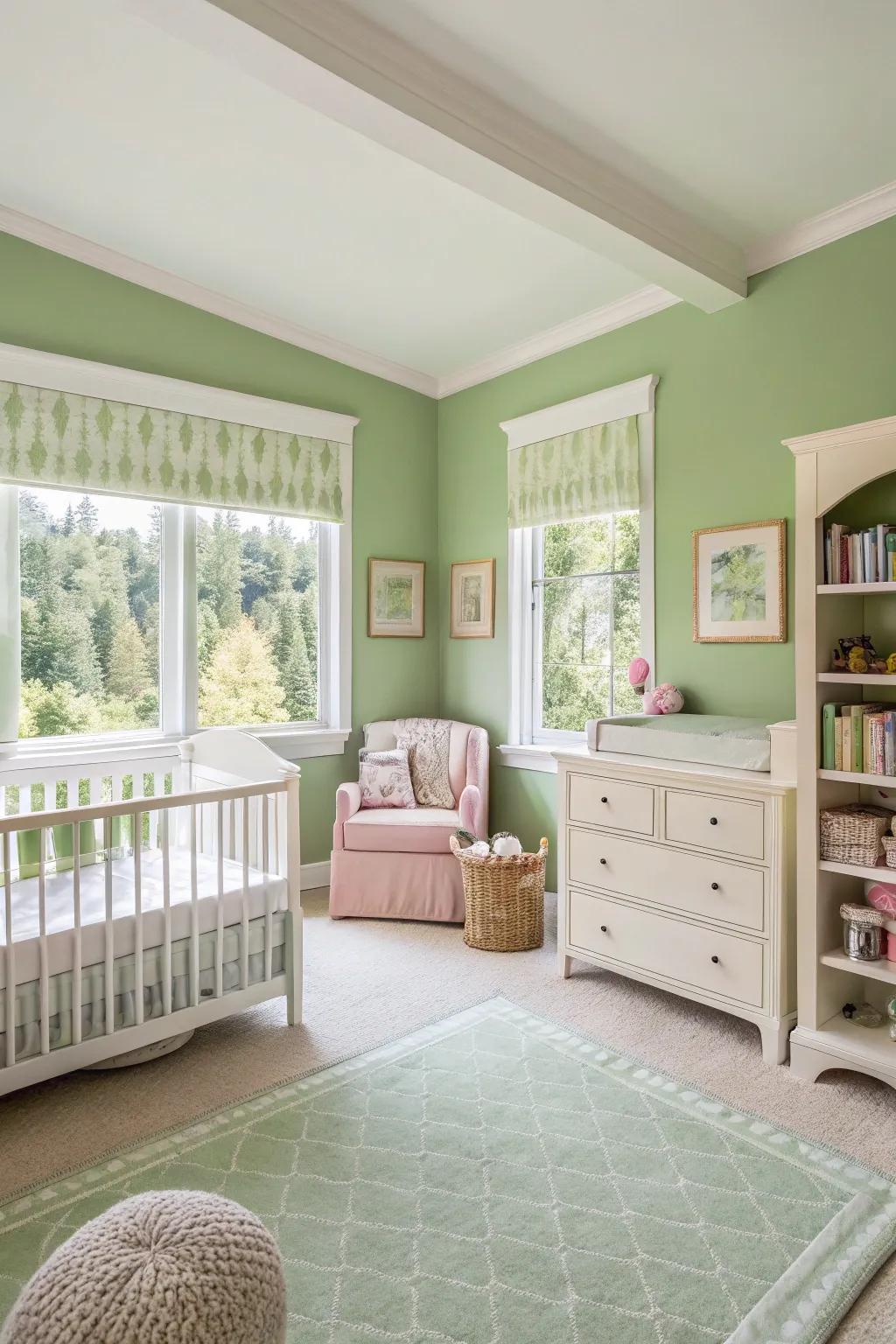 Neutral furnishings harmonize with the soothing green backdrop.