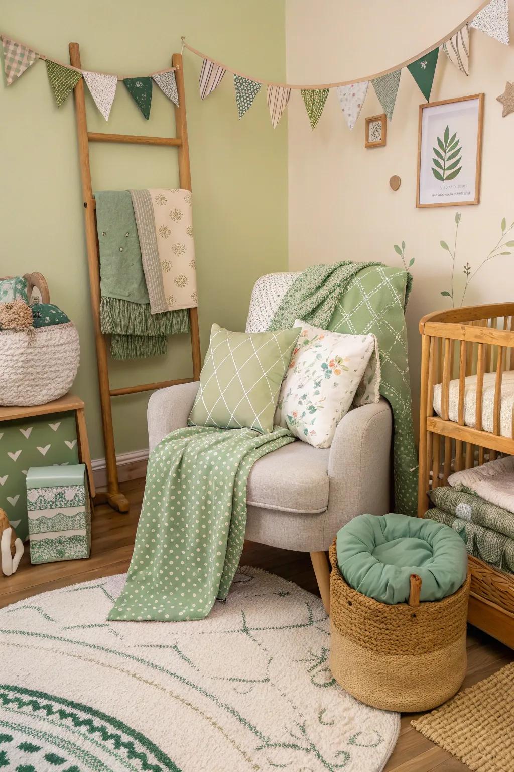 Textiles in complementary shades foster a cozy ambiance.