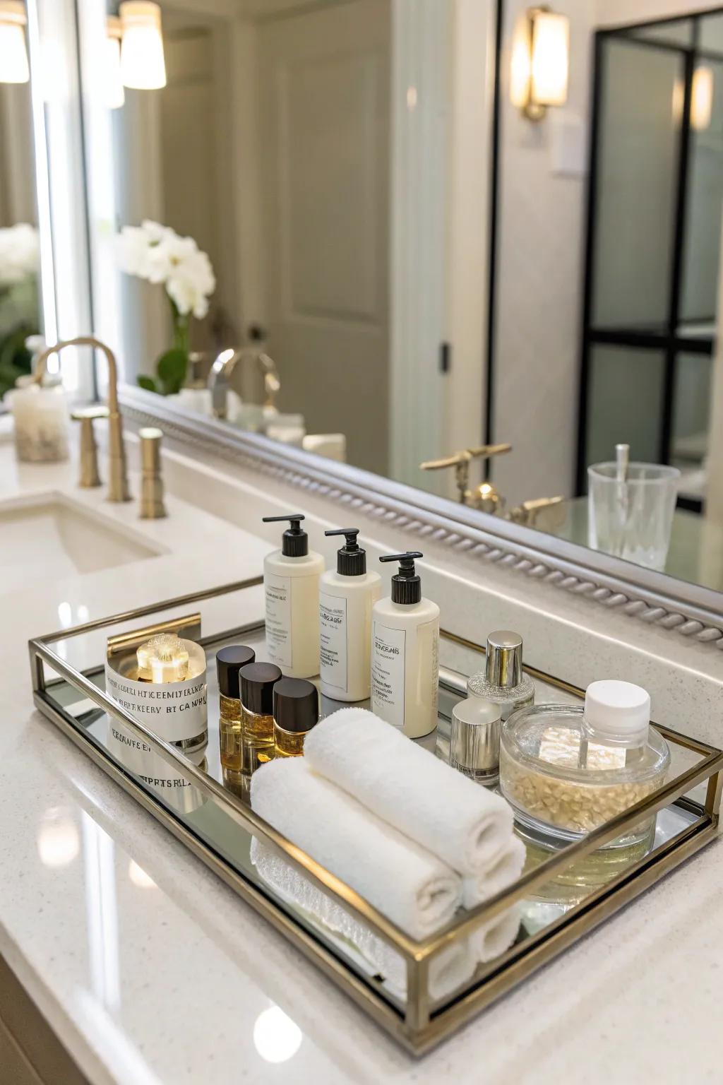 Mirrored trays enhance light and space in the bathroom.
