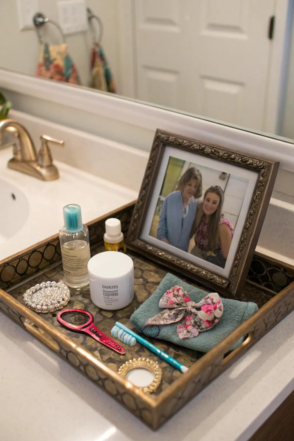 Personal touches add warmth and individuality to the vanity setup.