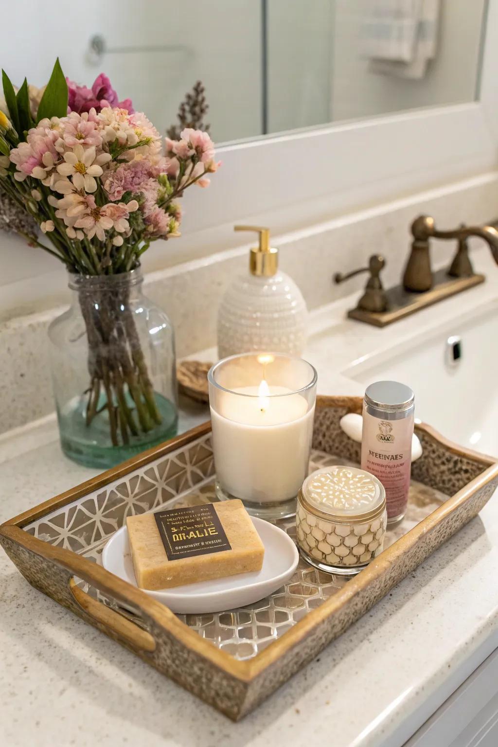 Art pieces add an artistic flair to the vanity setup.