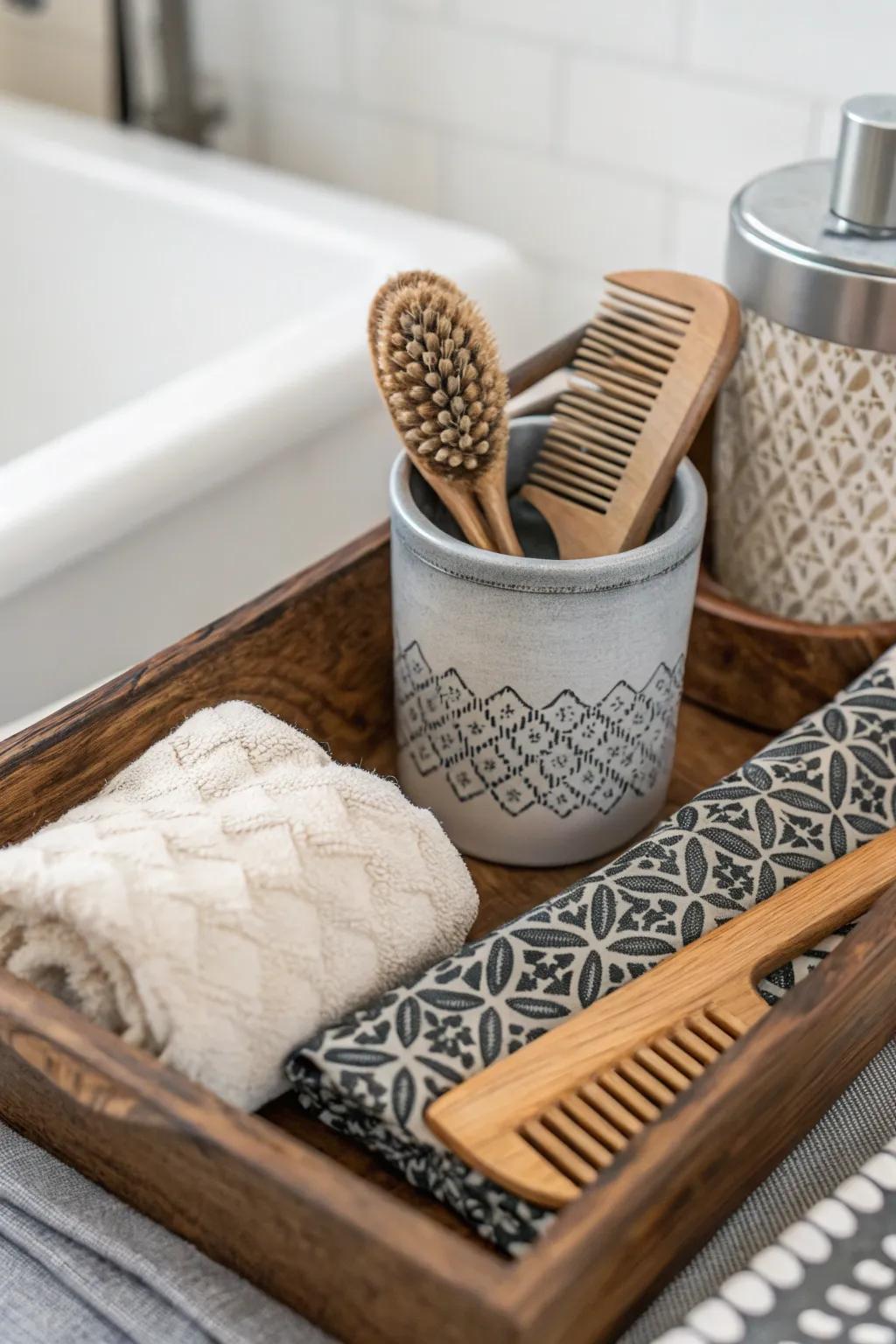 A mix of textures creates a visually dynamic vanity setup.