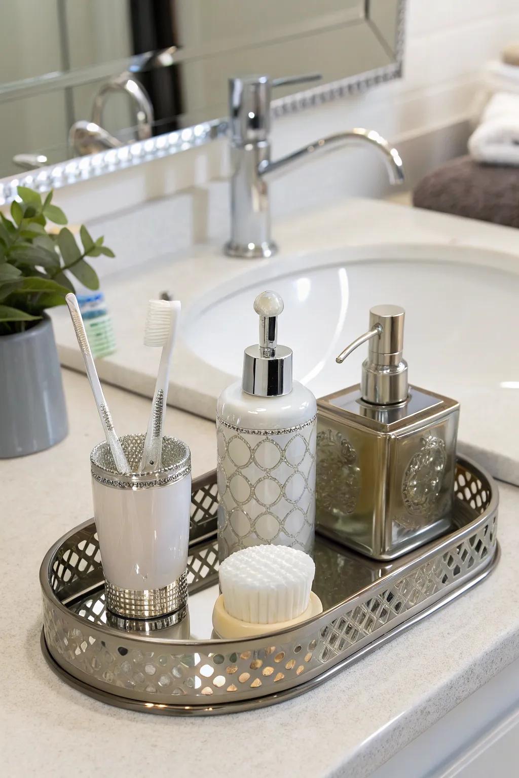 A metallic tray gives bathroom decor a luxurious feel.