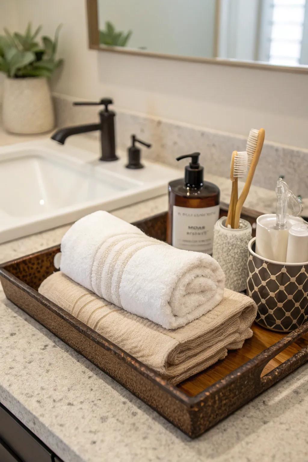Towels bring both usefulness and texture to the vanity tray.
