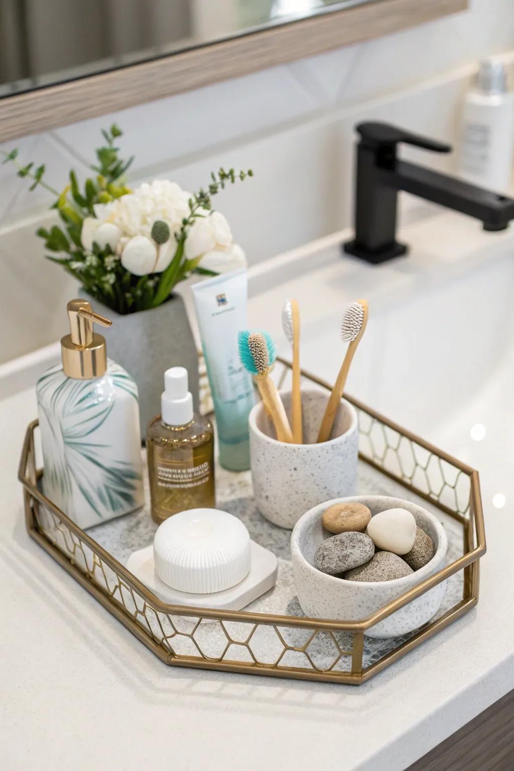 Unusual shapes add a bold statement to the vanity setup.