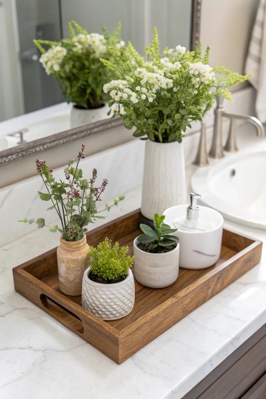 Natural elements infuse a bathroom vanity tray with freshness.