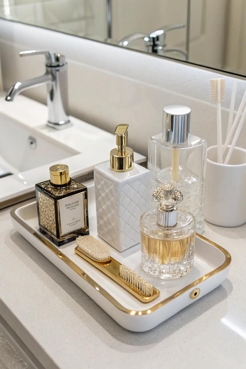Elegant containers enhance the aesthetic appeal of the vanity tray.