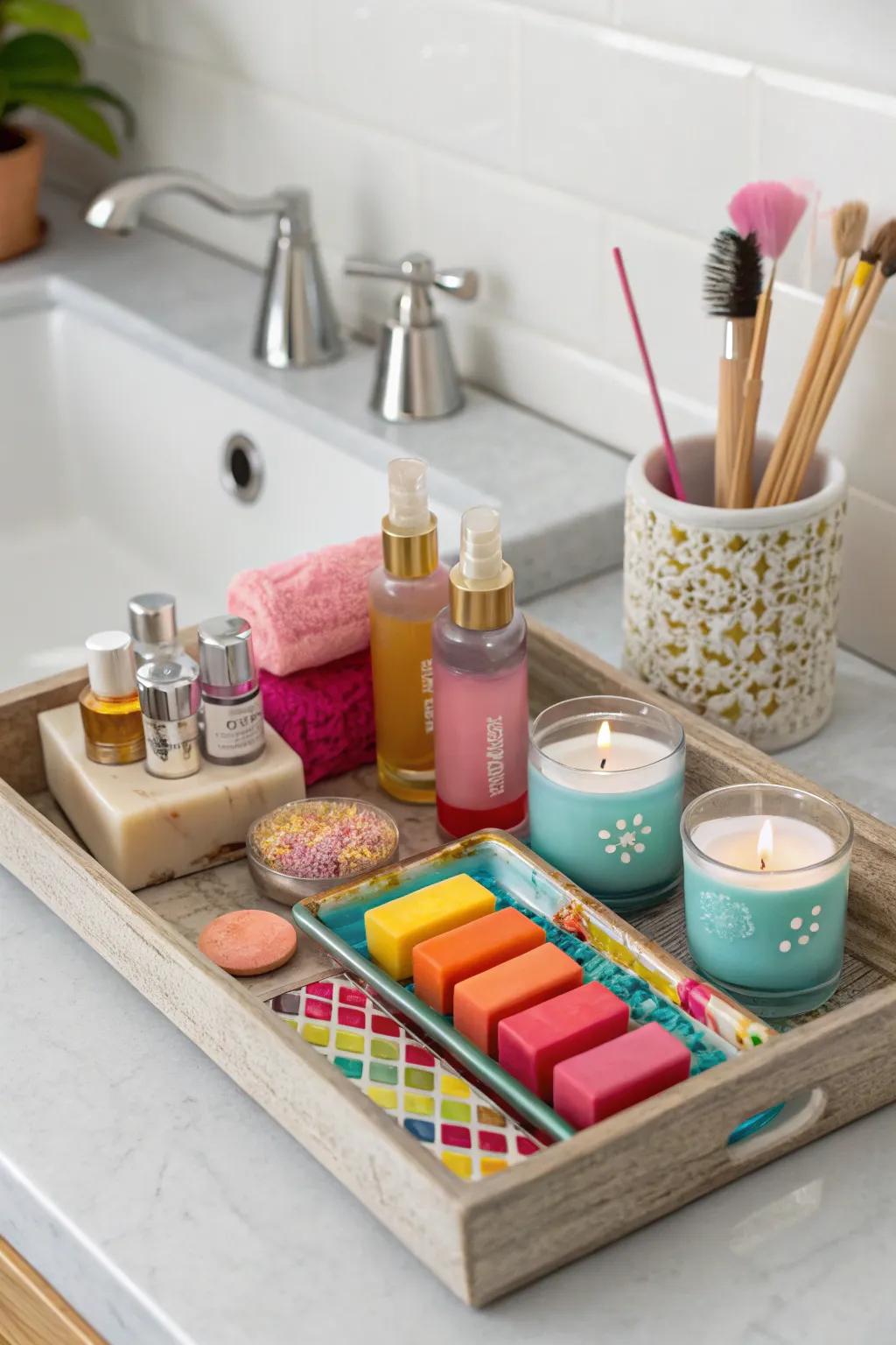 A pop of color can invigorate a neutral bathroom setting.