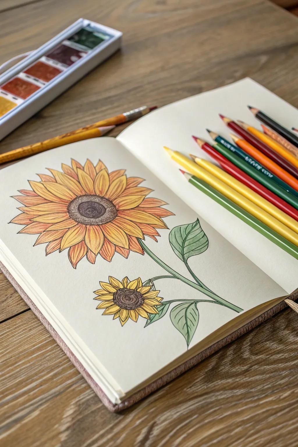 A sunflower drawing shining warmth and happiness.