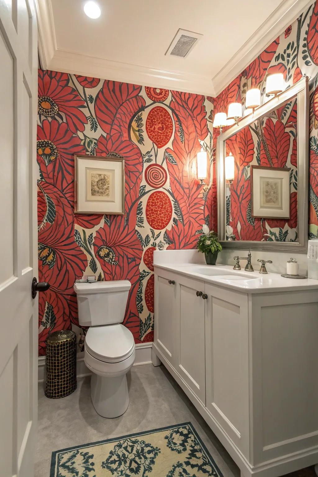 Use vibrant, patterned wallpaper to boldly restyle your small bathroom.