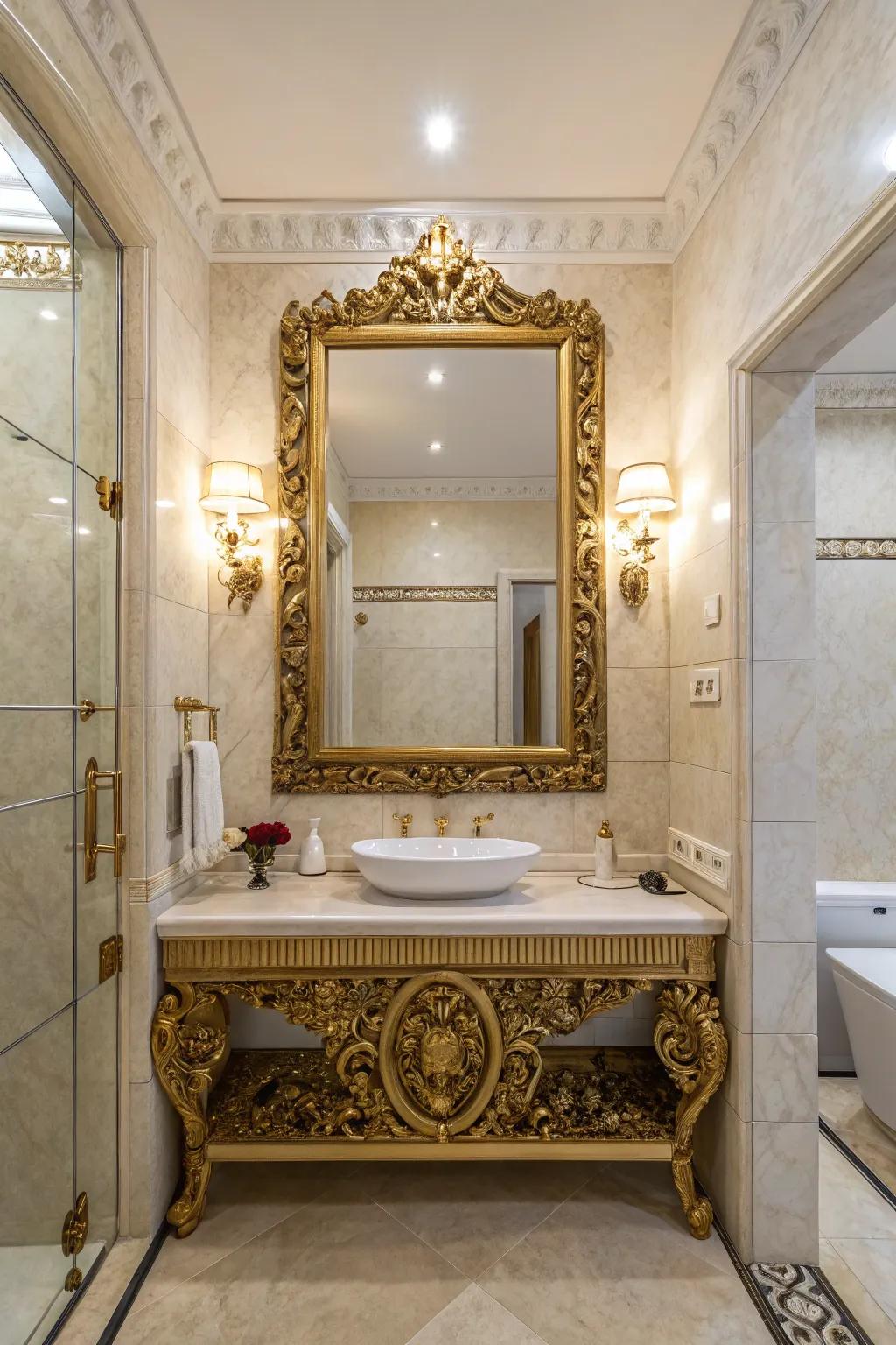 An elaborate mirror can easily boost the style of your half bath.