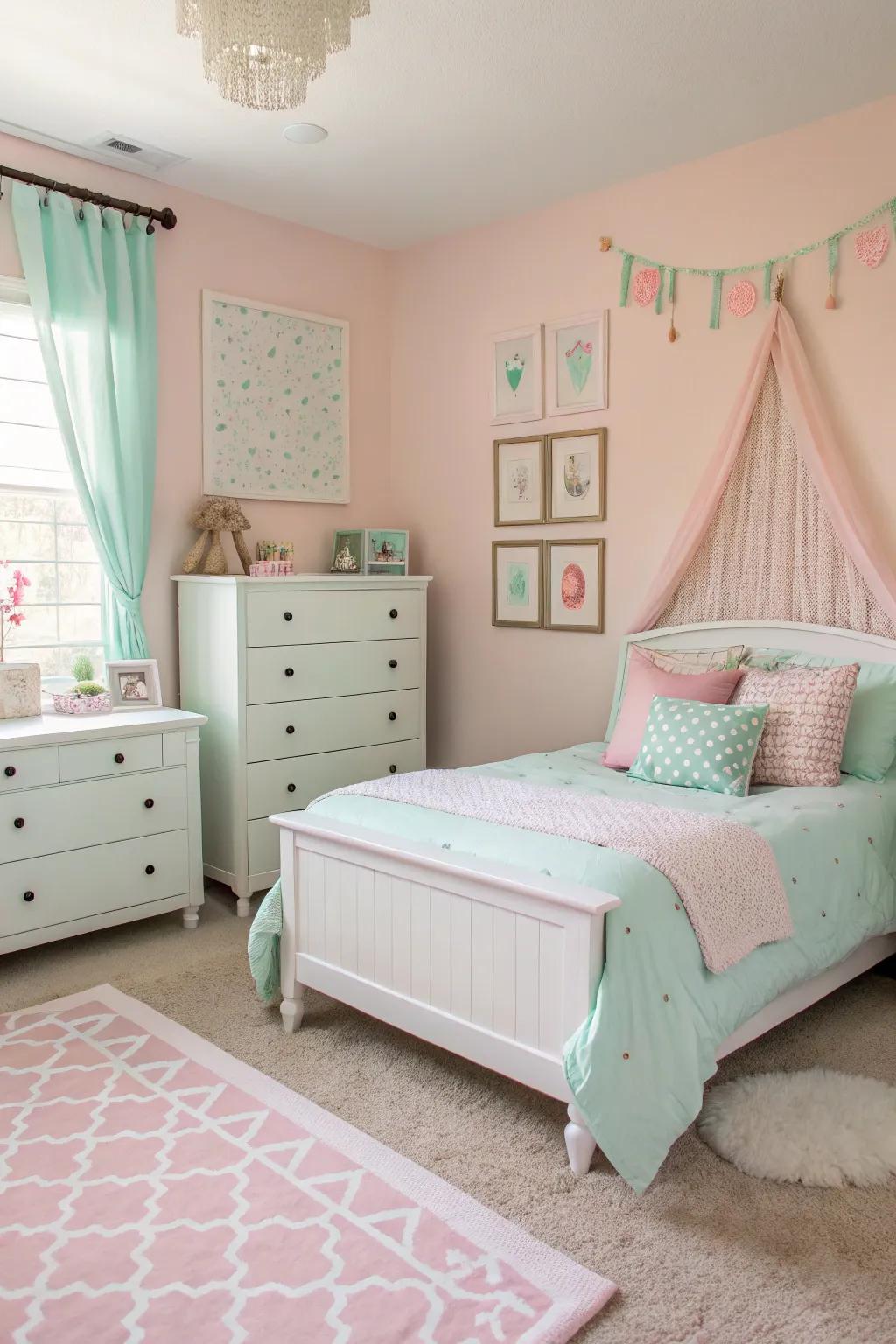 A gentle pastel color scheme provides a base for unwinding and relaxation.
