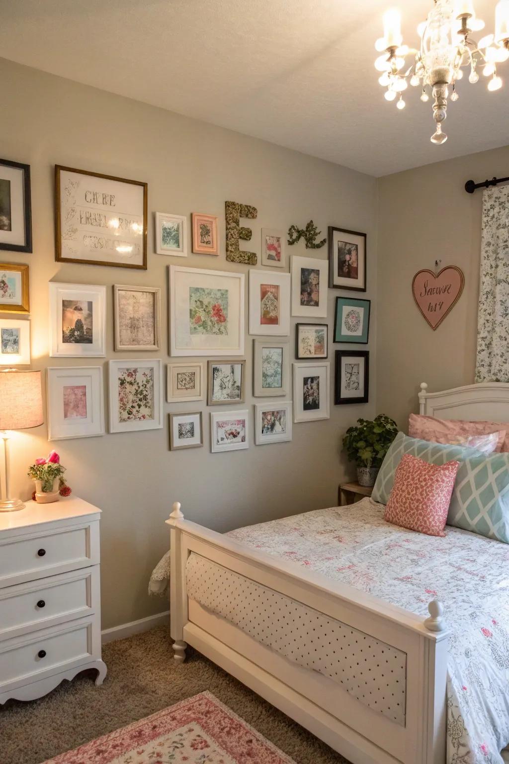 A gallery wall that tells her personal story through art and photos.