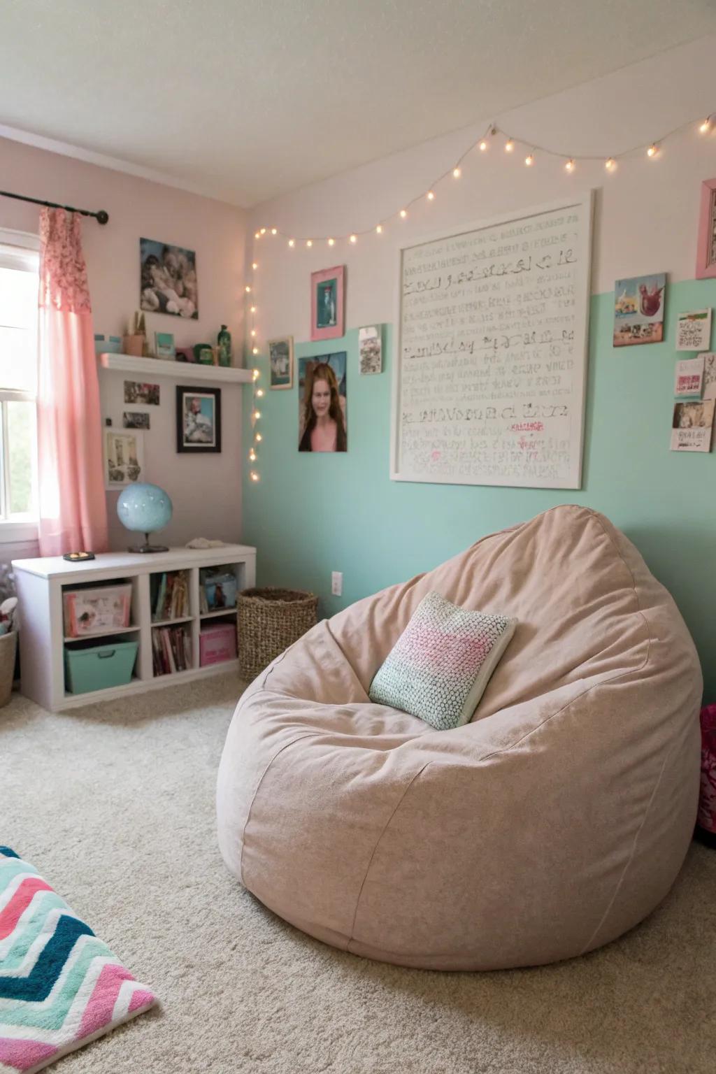 A plush bean bag providing a playful and comfortable seating area.