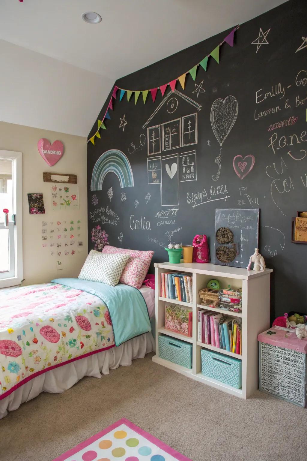 A chalkboard wall that encourages creativity and personal expression.