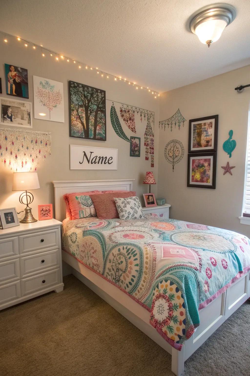 Custom decor reflects her personality and flair.