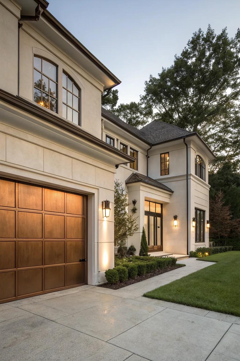 Luxurious bronze garage doors add warmth and sophistication.