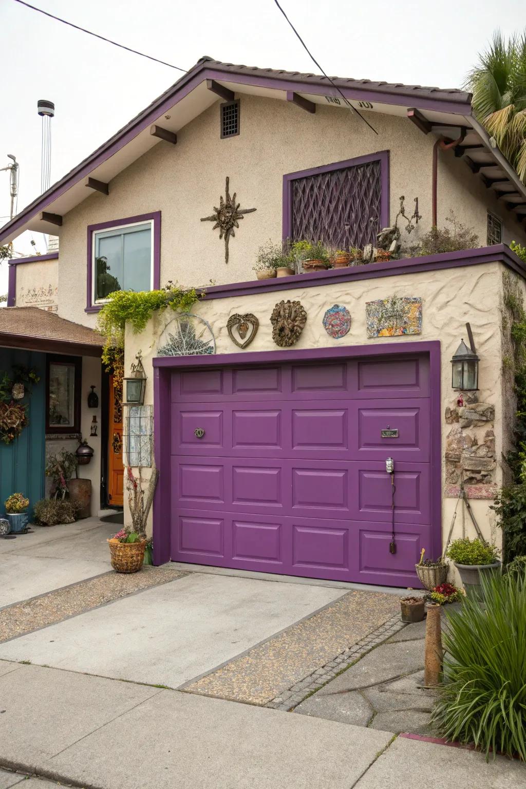 Creative lavender garage doors add a whimsical and artistic flair.