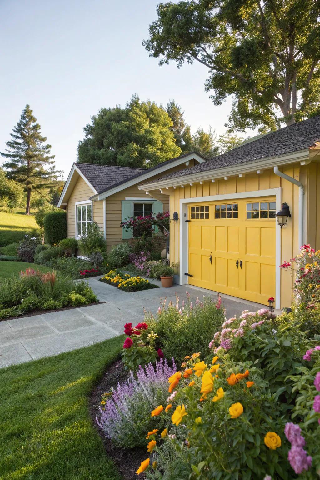 Sunny yellow garage doors create a bright and welcoming atmosphere.
