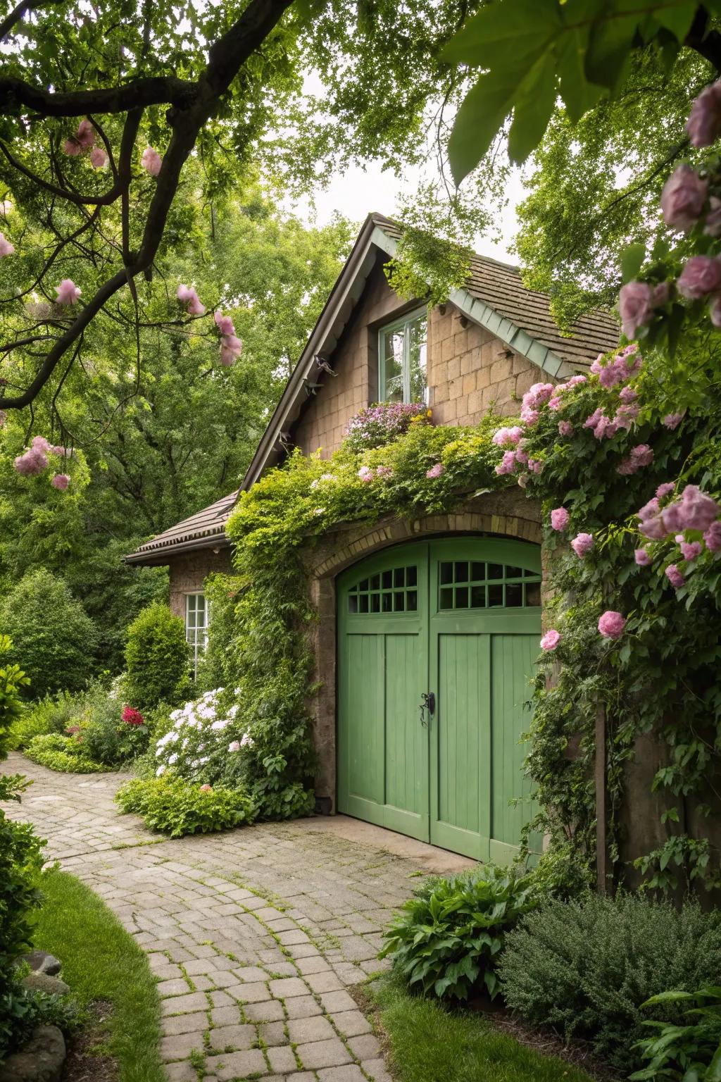 Earthy green garage doors blend seamlessly with natural surroundings.
