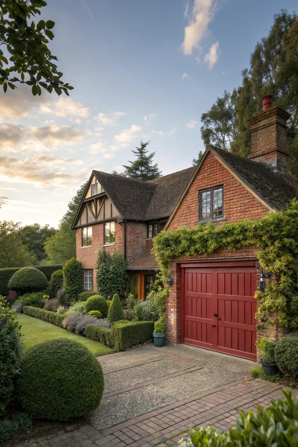 Brick red garage doors add warmth and timeless appeal.