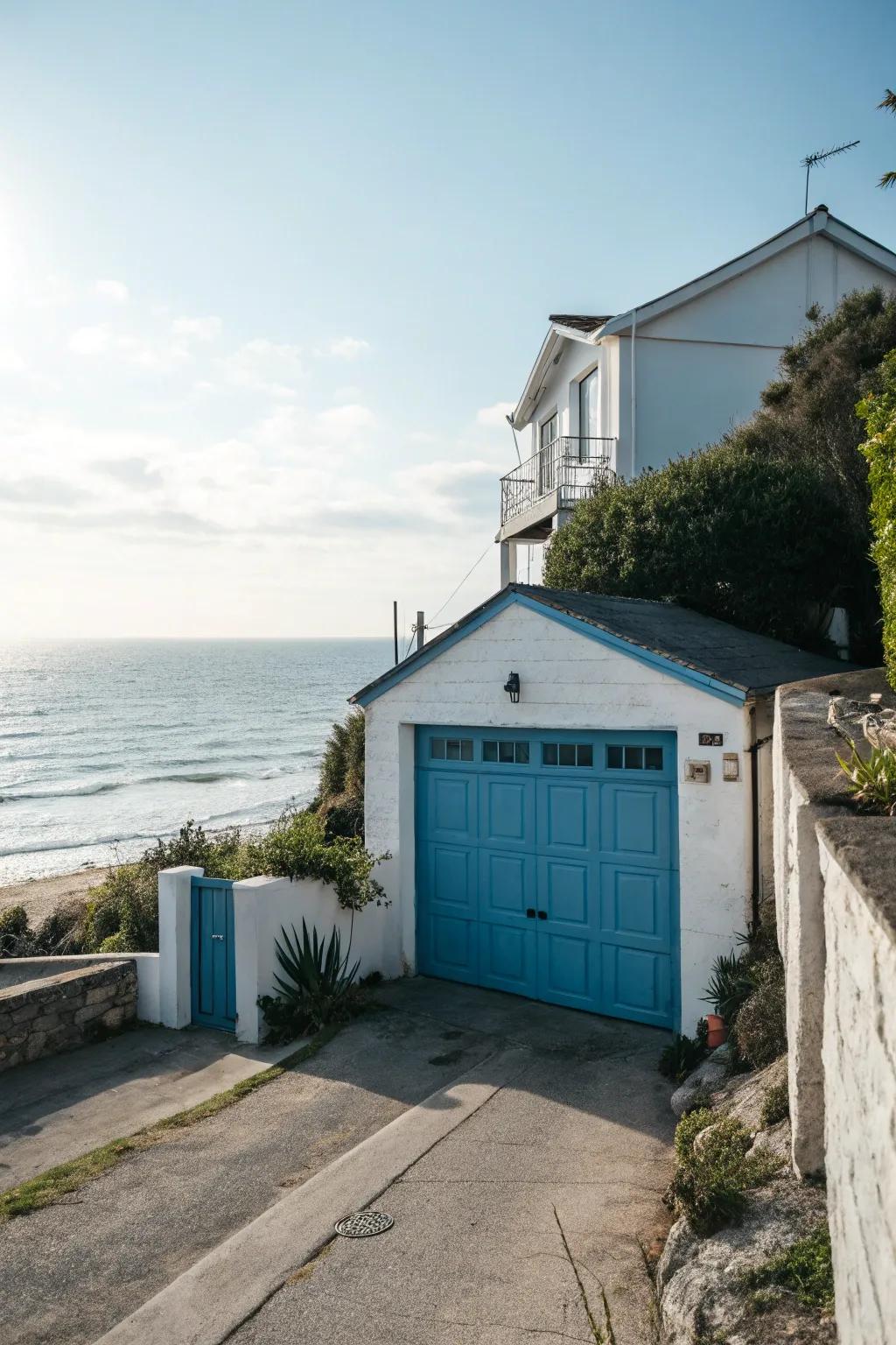Cerulean blue garage doors evoke tranquility and calm.