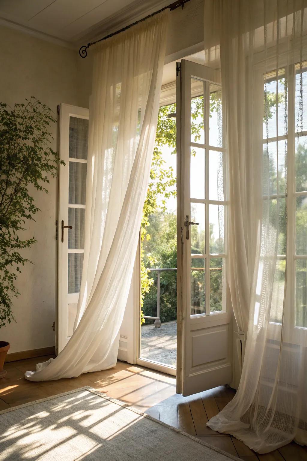Sheer curtains allow light to gently stream into the room.
