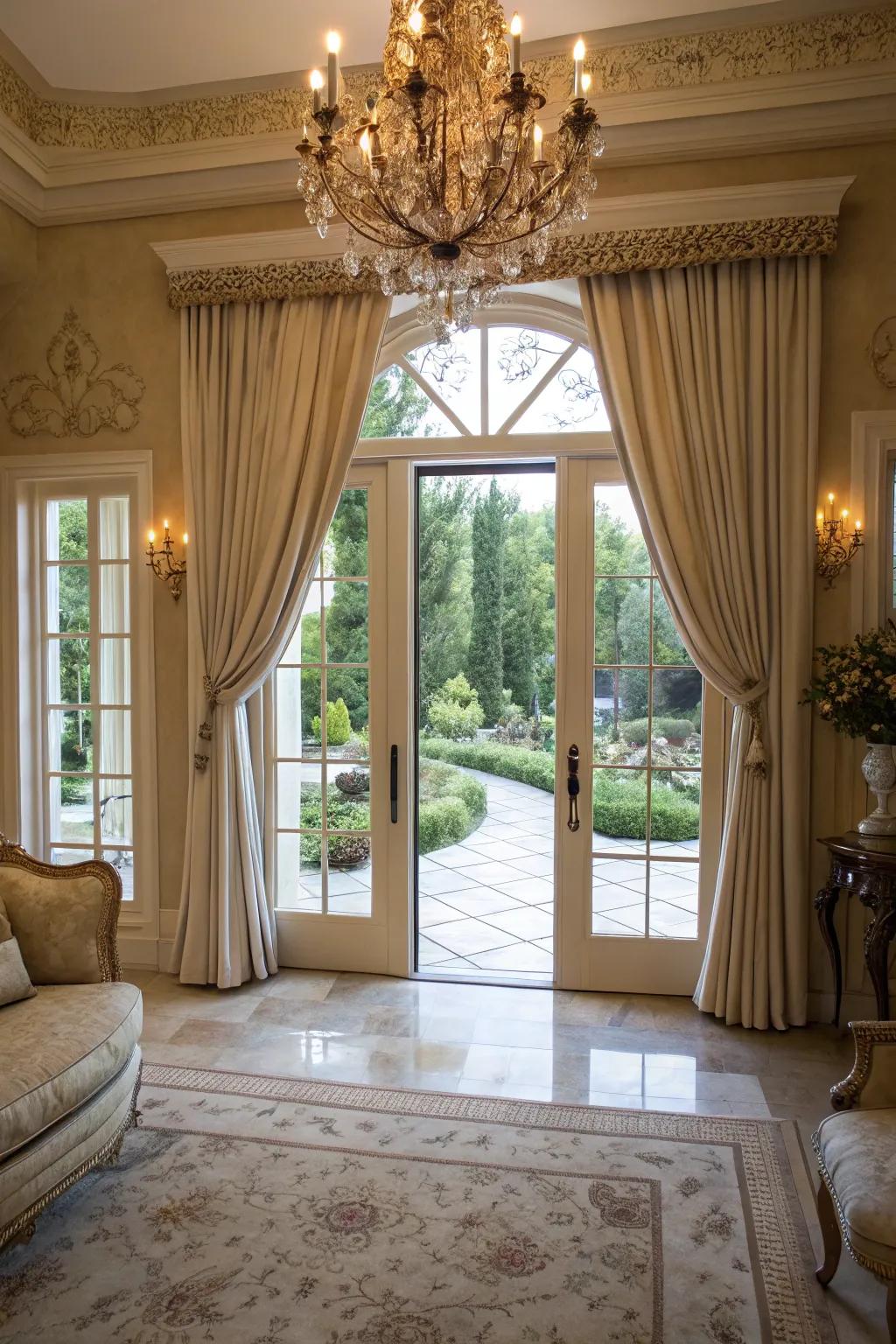 Floor-to-ceiling curtains add grandeur and height.