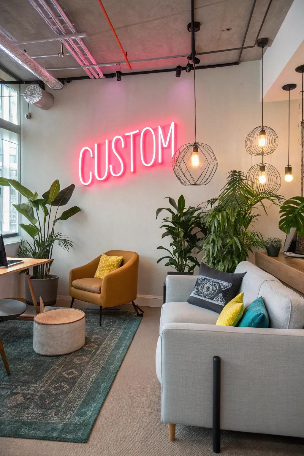A custom neon sign that adds a playful and modern touch to the office.