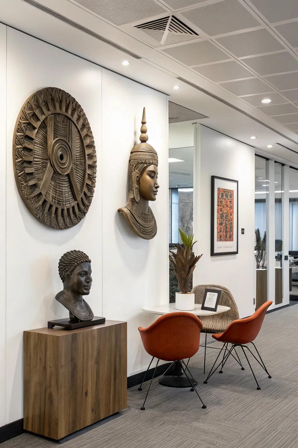 Sculptural wall art that adds depth and intrigue to the office setting.