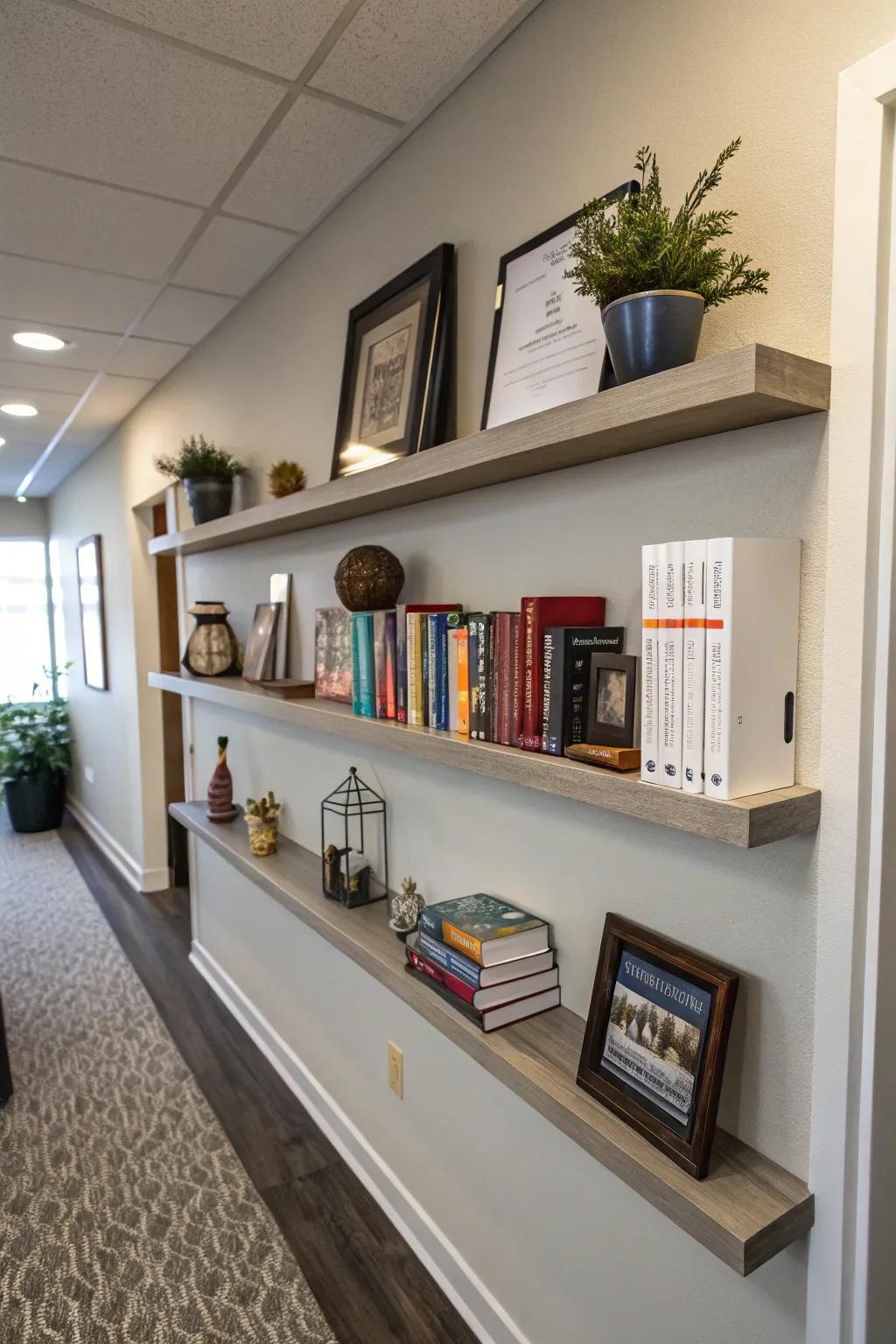 Floating shelves that combine functionality with elegance in the office.