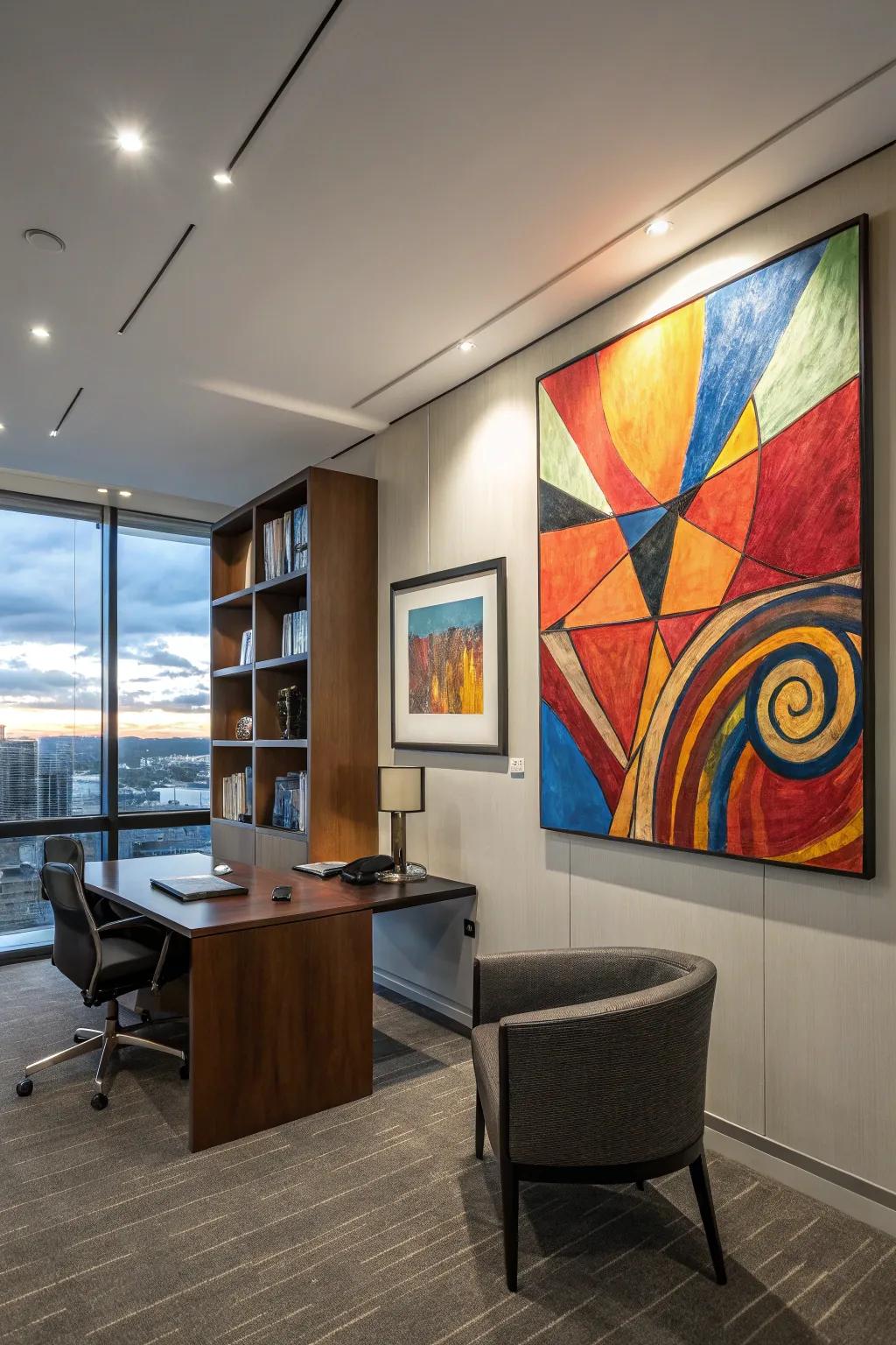 A bold abstract painting that brings an element of creativity to an office.