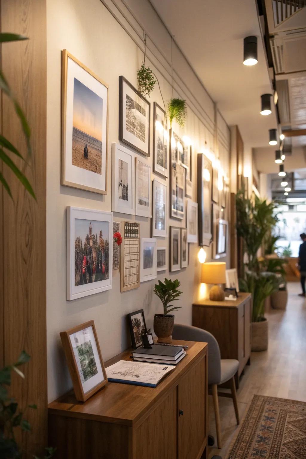 A diverse gallery wall that personalizes and brightens the office.