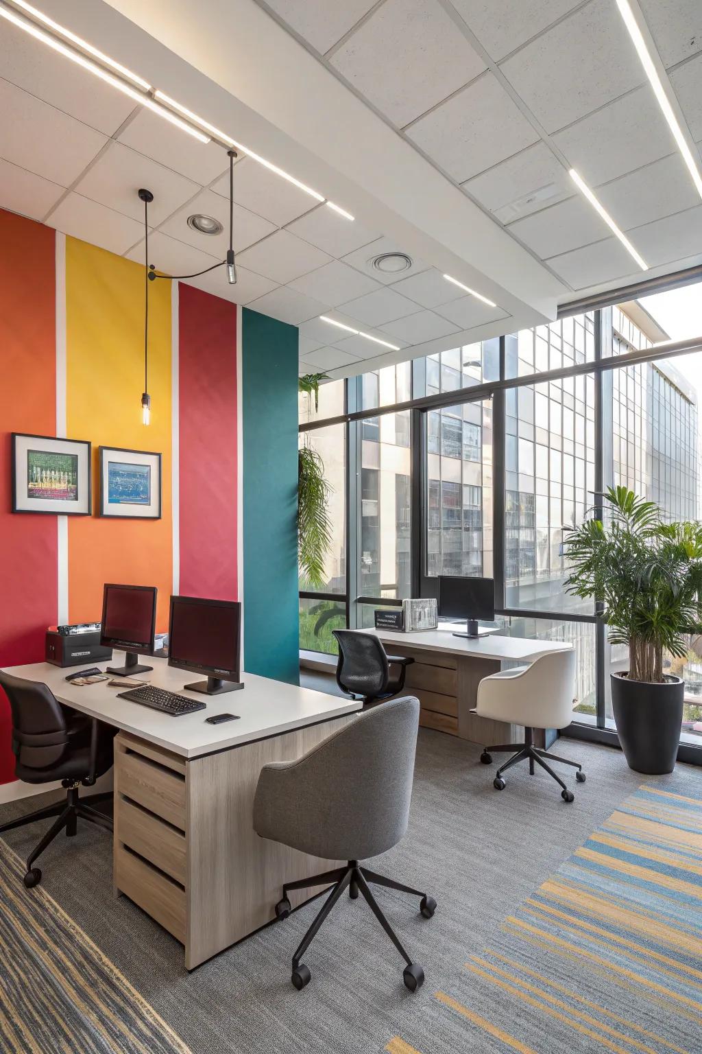 A bold accent wall that adds character and depth to the office space.