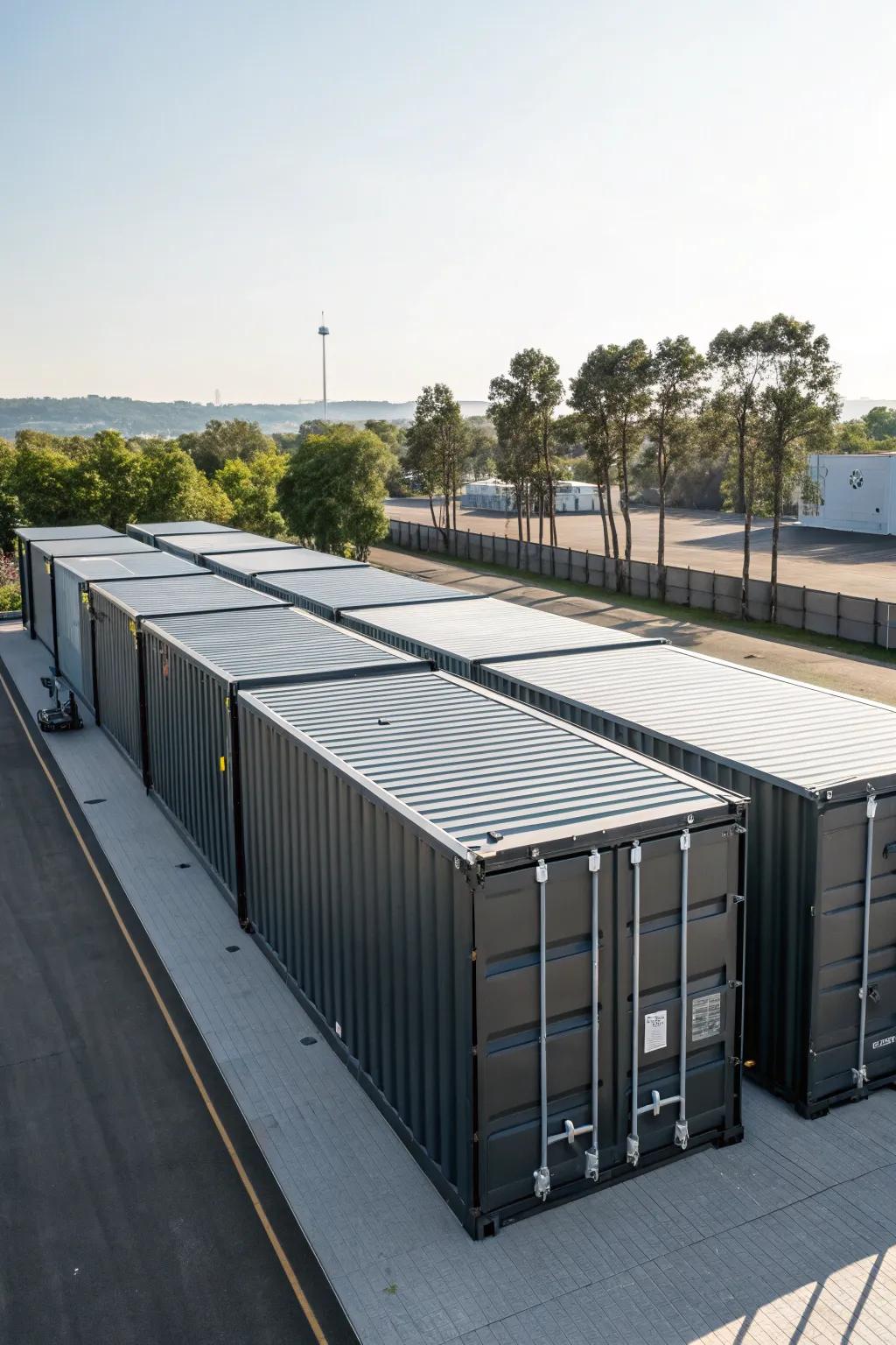 A seamless roof design connects multiple containers.
