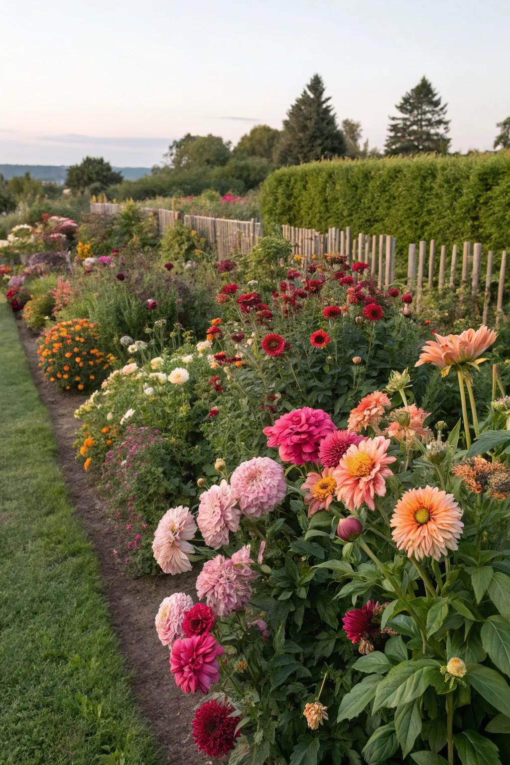 A dynamic fusion of sunburst blooms and additional garden treasures.