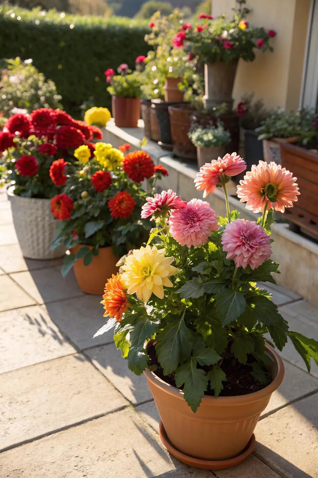 Sunburst blooms thriving in elegant vases on a deck.