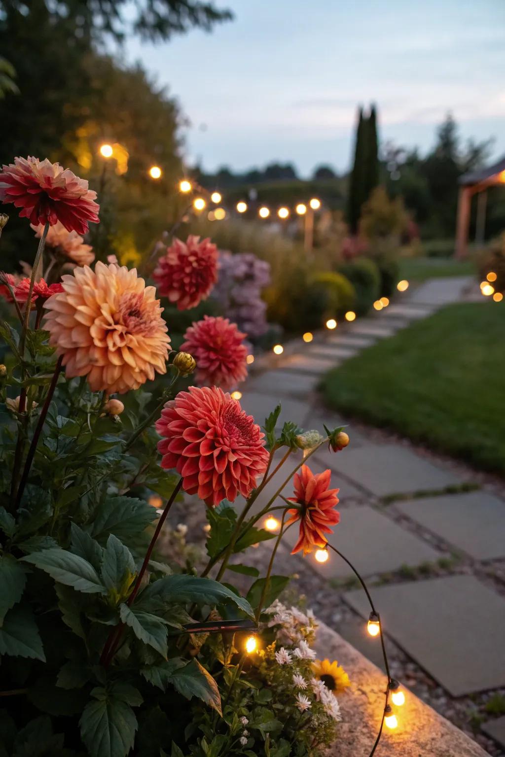 Garden lamps casting a luminescence on evening sunburst blooms.